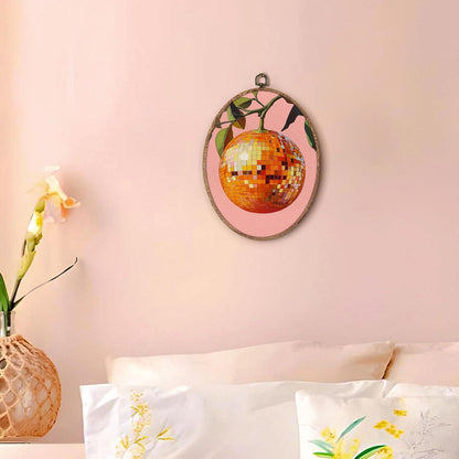 Trendy Funky Orange Disco Ball Oval Wall Art Framed, Funky Retro Oval Wall Decor, Trendy Aesthetic Hanging Canvas Prints Wall Sculptures for Home Living Room Bedroom Decor, 8.5x11.5 Inch