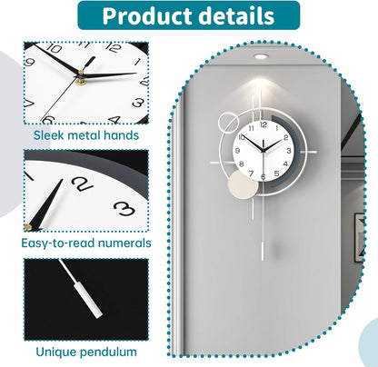 Wall Clock for Living Room Decor Decorative Wall Clock with Pendulum Silent Quartz Battery Operated Black Metal Large Clock for Dining Room,Kitchen,Home,Bathroom,Bedroom,13.8x21.3 in
