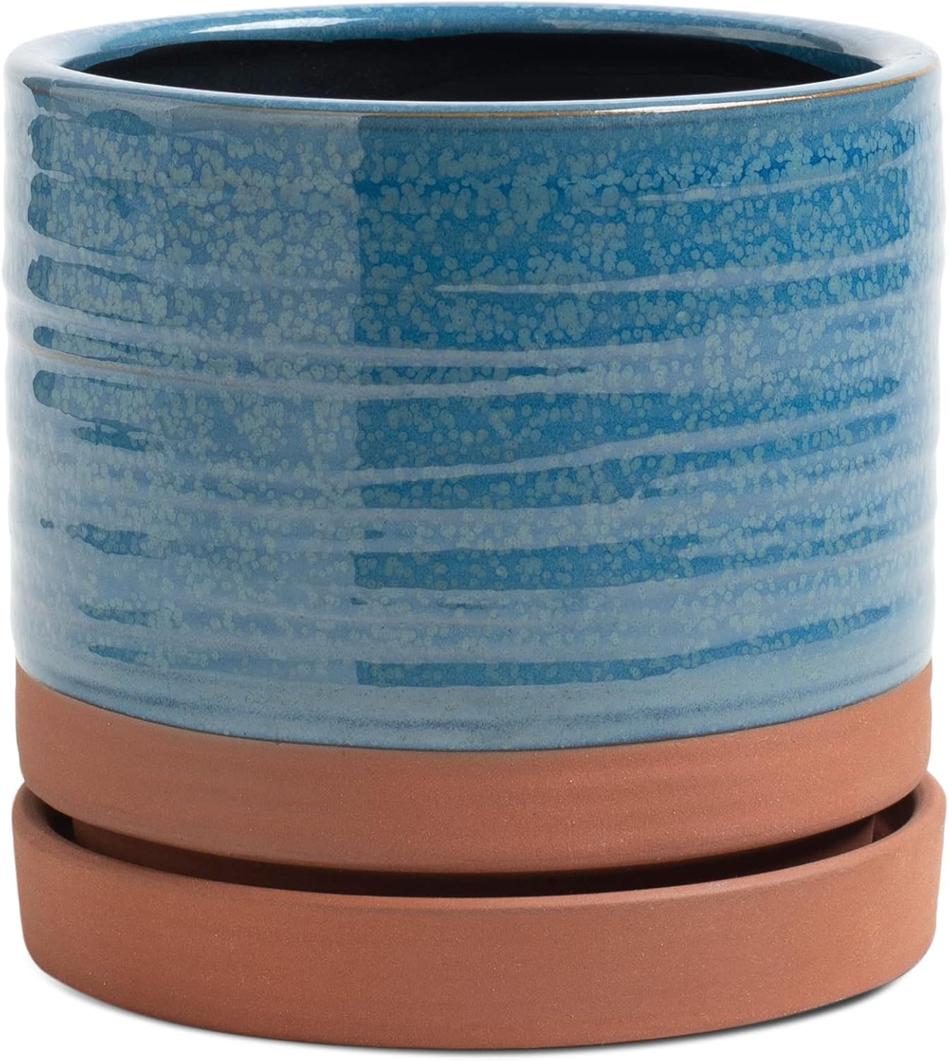 HERDUK 6 Inch Plant Pots, Ceramic Planter Pot with Drainage Hole & Saucer, Indoor/Outdoor Cylinder Round Planter Pot, Green & Beige