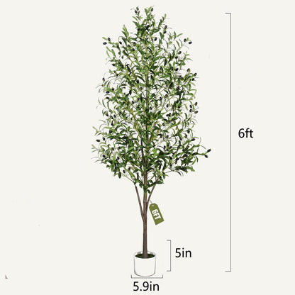 Artificial Olive Tree with White Pot,6FT high, Fake Tree containing 1440 Dense Leaves and 80 Highly Simulated Olive Fruits, Suitable for Home Office Living Room Floor Decoration