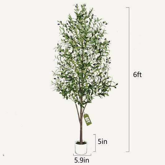 Artificial Olive Tree with White Pot,6FT high, Fake Tree containing 1440 Dense Leaves and 80 Highly Simulated Olive Fruits, Suitable for Home Office Living Room Floor Decoration