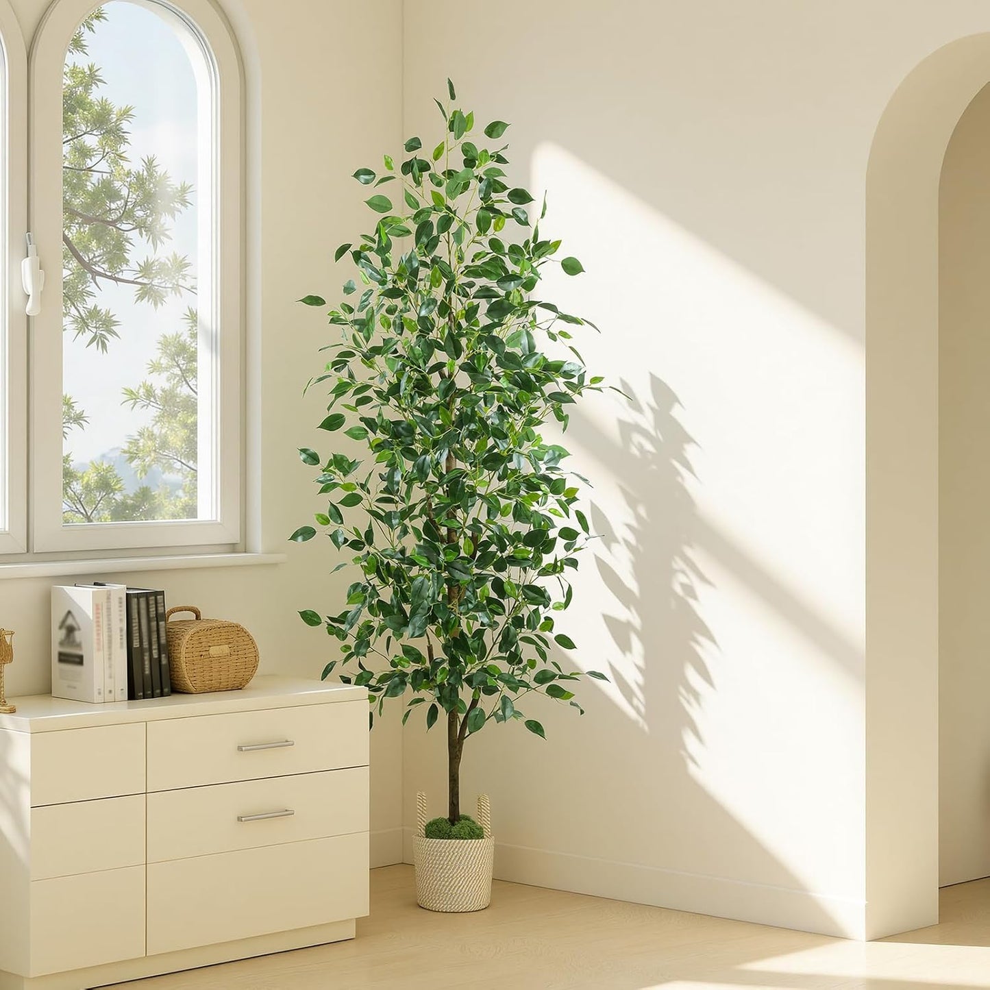 Caxchiling Faux Eucalyptus Tree 6FT, Artificial Potted Tree for Indoor Outdoor, Fake Floor Plants with Natural Wood Trunk, Home Office Living Room Bedroom Decor