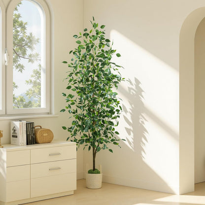 Caxchiling Faux Eucalyptus Tree 6FT, Artificial Potted Tree for Indoor Outdoor, Fake Floor Plants with Natural Wood Trunk, Home Office Living Room Bedroom Decor