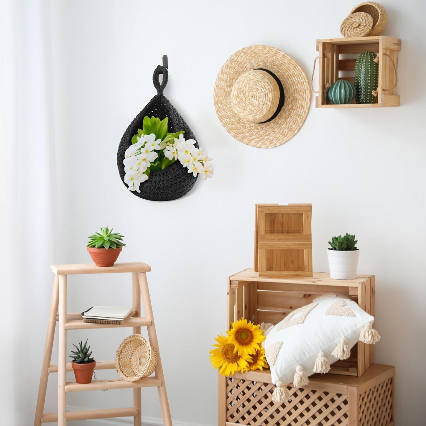 Honeydak Boho Decor Hanging Wall Baskets for Kitchen 3 Pack Teardrop Baskets with Hooks Storage Fruit Onion Vegetable Potato for Home 3 Sizes(Linen,Teardrop,Jute)