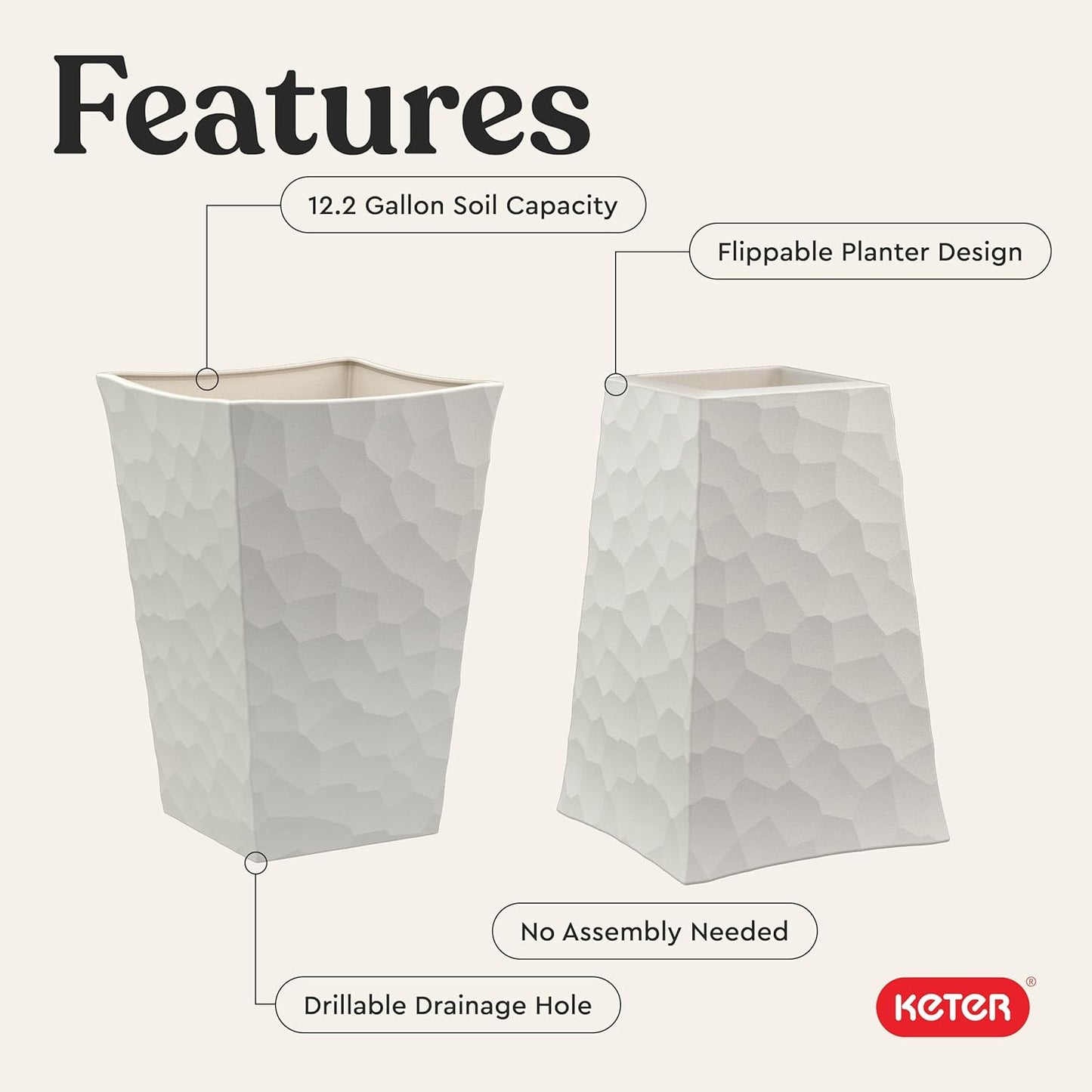Keter Set of 2 Resin Modern Outdoor 22 Inch Tall Large Flower Pots, Tapered Wood Look Planters for Outdoor Plants and Front Porch Decor, Graphite