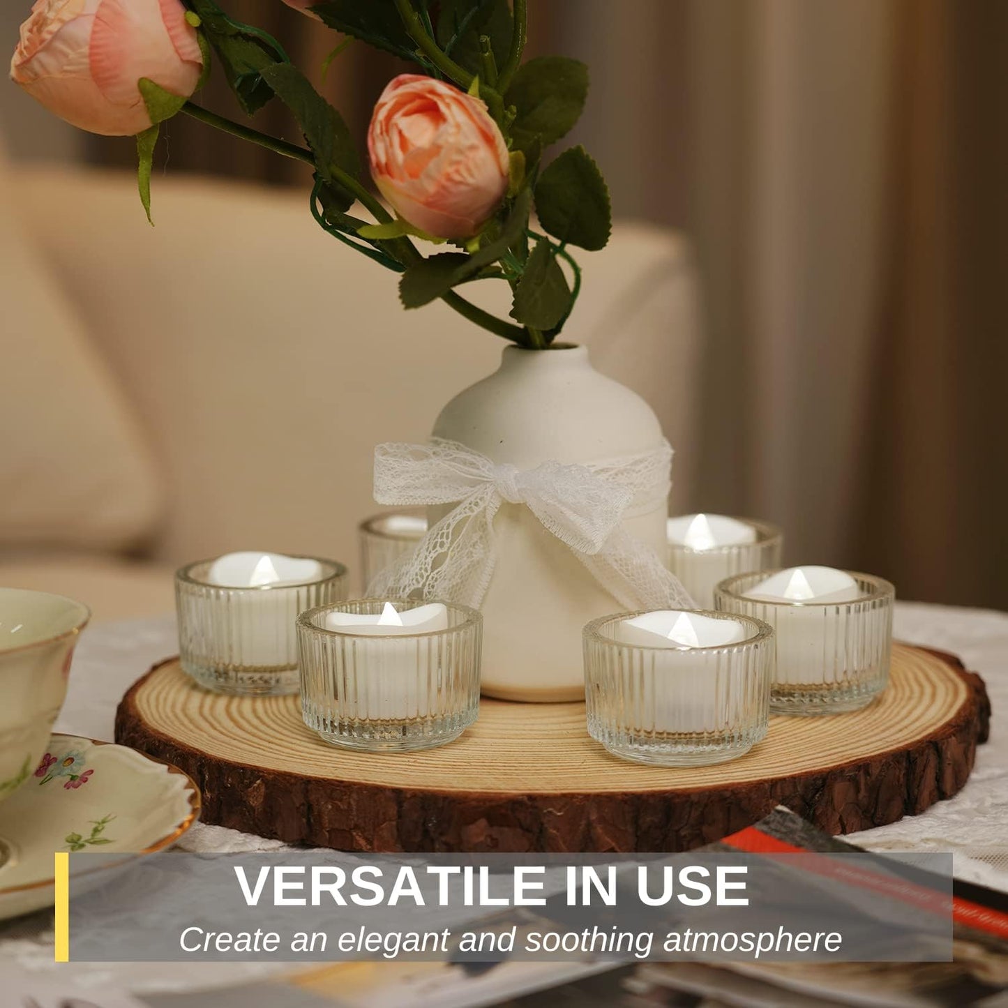 Homemory 48-Pack Novelty Flickering Flameless Tea Lights Candles, 200+Hours Battery-Operated LED Fake Candles for Wedding Table Centerpieces,Proposal,Anniversary, White Base, Ø1.5'' × H1.3''