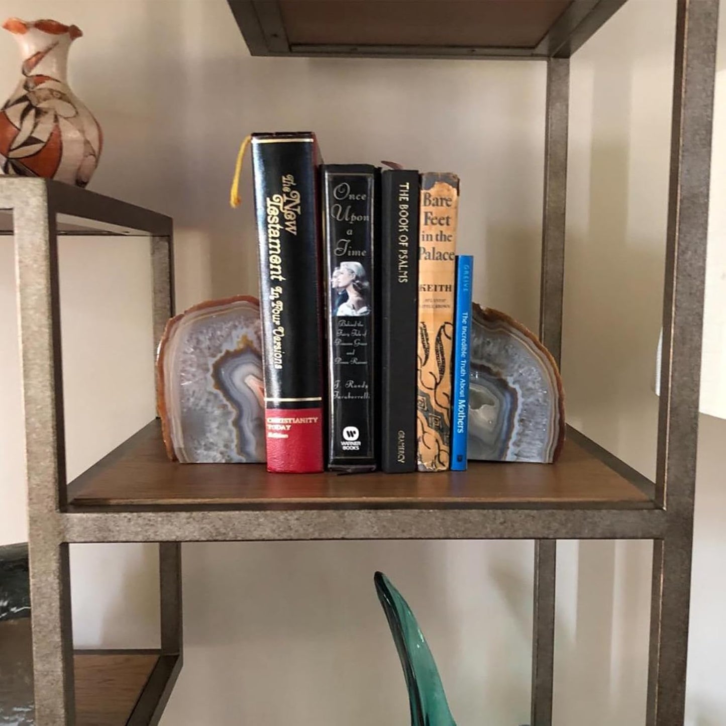 JIC Gem Dyed Blue Agate Bookends Geode Decorative Book Ends for Heavy Books with Rubber Bumpers for Office and Home Decoration Polished Small Size 2 to 3 Lbs