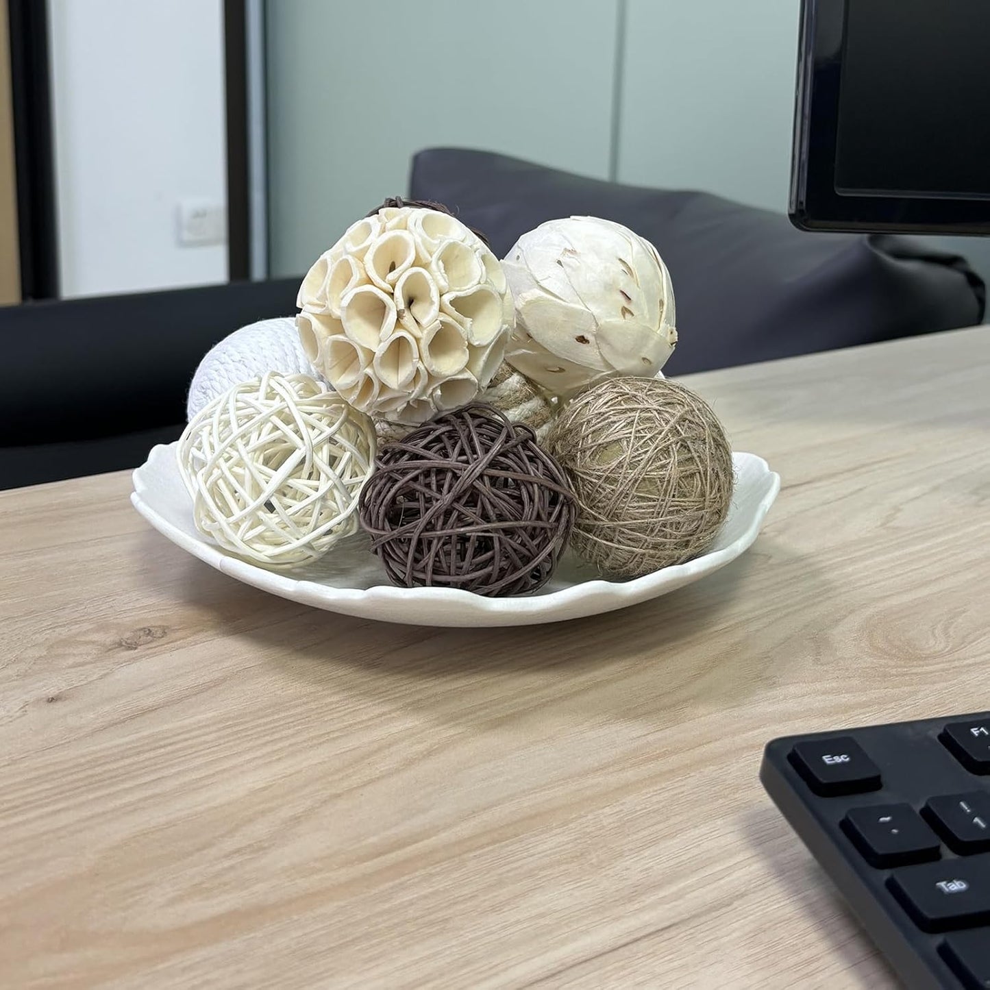 6 Pcs Decorative Balls for Centerpiece Bowls,2.36 Inch Natural Handmade Cotton Linen Orbs Balls,Wood Decorative Ball,Vase Fillers, Home Table Decor