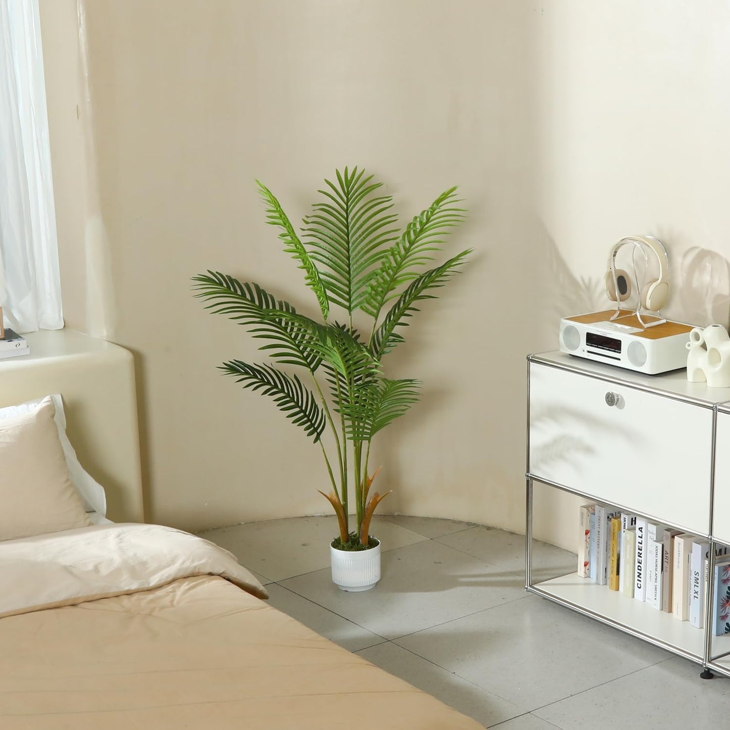 6FT Artificial Palm Tree Indoor with White Pot, Realistic Leaves, 15 Trunks Adjustable Branches, Tall Faux Fake Palm Plant, Ideal for Living Room Bedroom Office Home Interior Aesthetic Decor