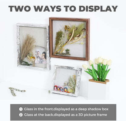 Muzilife 8x8 Shadow Box Picture Frame with Linen Board - Deep Wood & Glass Display Case Ready to Hang Memory Box Baby Sports Memorabilia, Pins, Awards, Medals, Wedding, Tickets and Photos (Black)