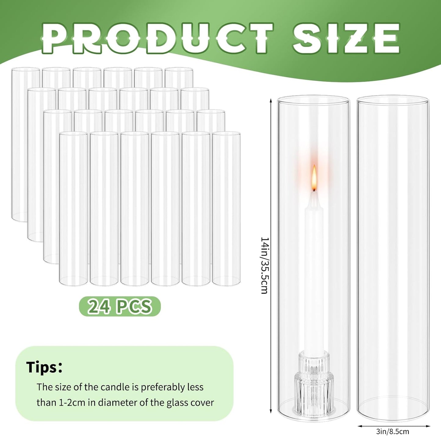 24 PCS Hurricane Candle Holder, 2.5" W x 14" H Open Ended Glass Candle Cylinder Sleeve, Clear Glass Cylinder Candle Holder, Open Flame Candle Chimney Tube Cover, Bottomless Cylindrical Glass