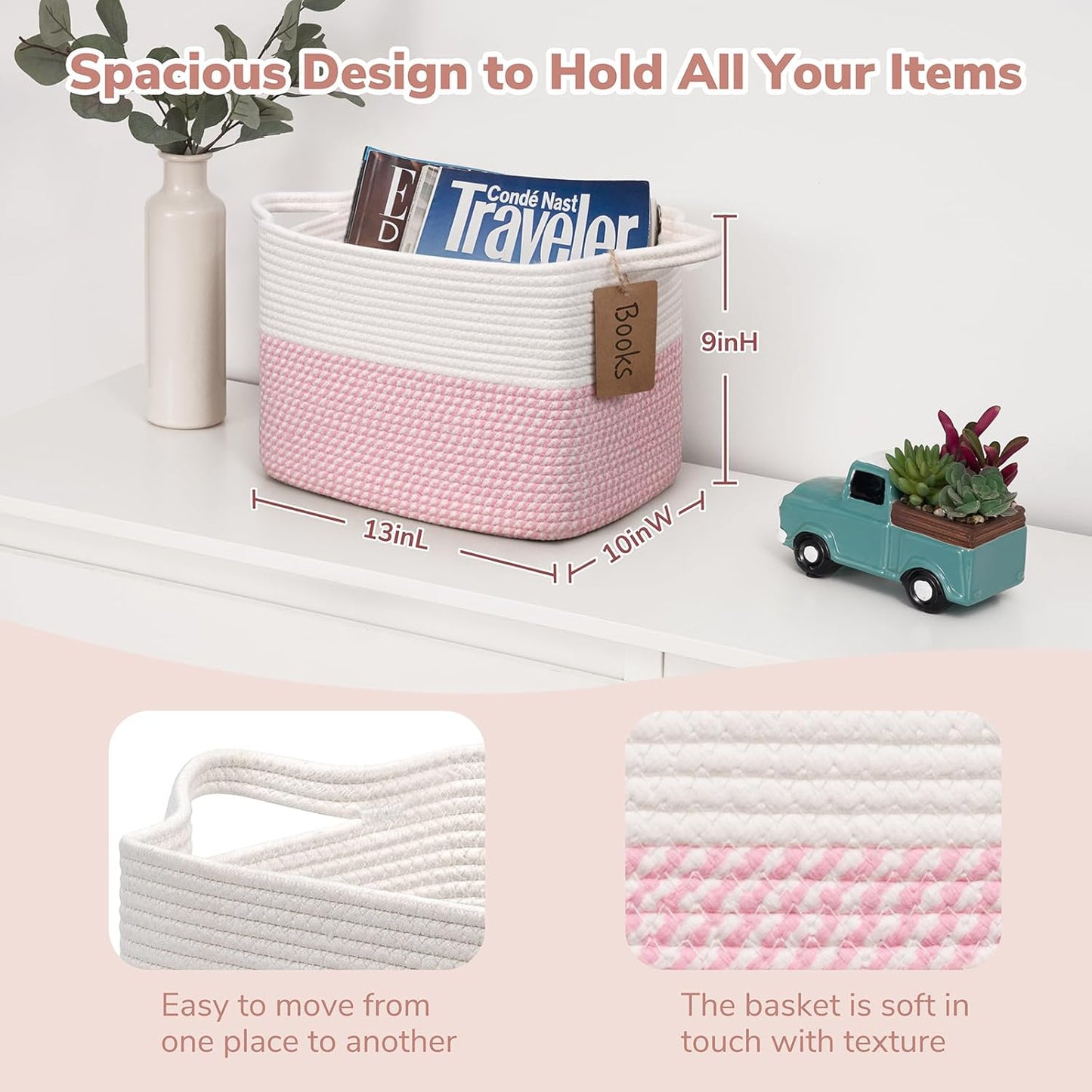 Goodpick Woven Storage Basket, Cotton Rope Basket for Dog Toys, Books, Stylish Gift Basket with Handles, 13 x 10 x 9 Inches Square Baskets for Organizing, Brown and White