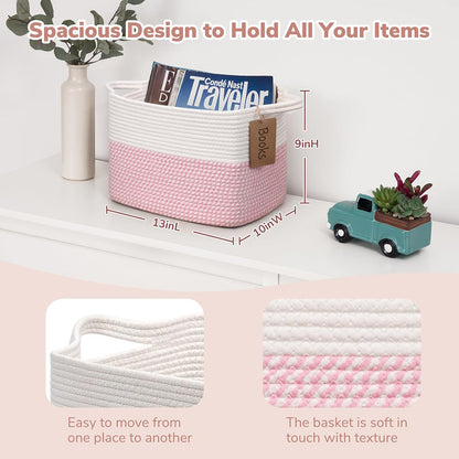 Goodpick Woven Storage Basket, Cotton Rope Basket for Dog Toys, Books, Stylish Gift Basket with Handles, 13 x 10 x 9 Inches Square Baskets for Organizing, Brown and White