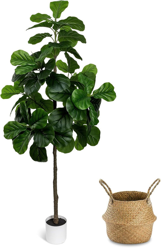 Artificial Fiddle Leaf Fig Tree 6FT - Large Fake Tree with White Planter, Tall Faux Ficus Lyrata Tree Floor Plants for Indoor Home Decor Office Living Room Housewarming Gift, 1Pack