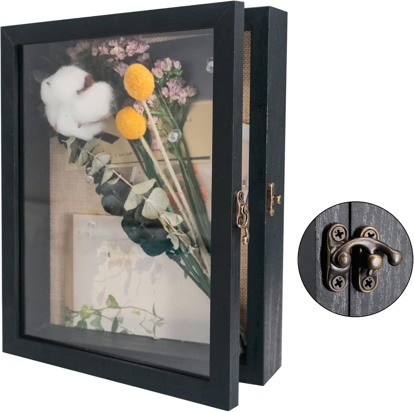 GraduatePro Shadow Box Frame 11x14 Display Case with Linen Back, Real Glass Window Door with Hinge, Picture Frame Wedding Bouquet Memorabilia Medals Photos Memory Box for Keepsakes, Carbonized Black