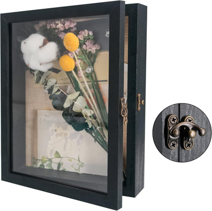 GraduatePro Shadow Box Frame 11x14 Display Case with Linen Back, Real Glass Window Door with Hinge, Picture Frame Wedding Bouquet Memorabilia Medals Photos Memory Box for Keepsakes, Carbonized Black