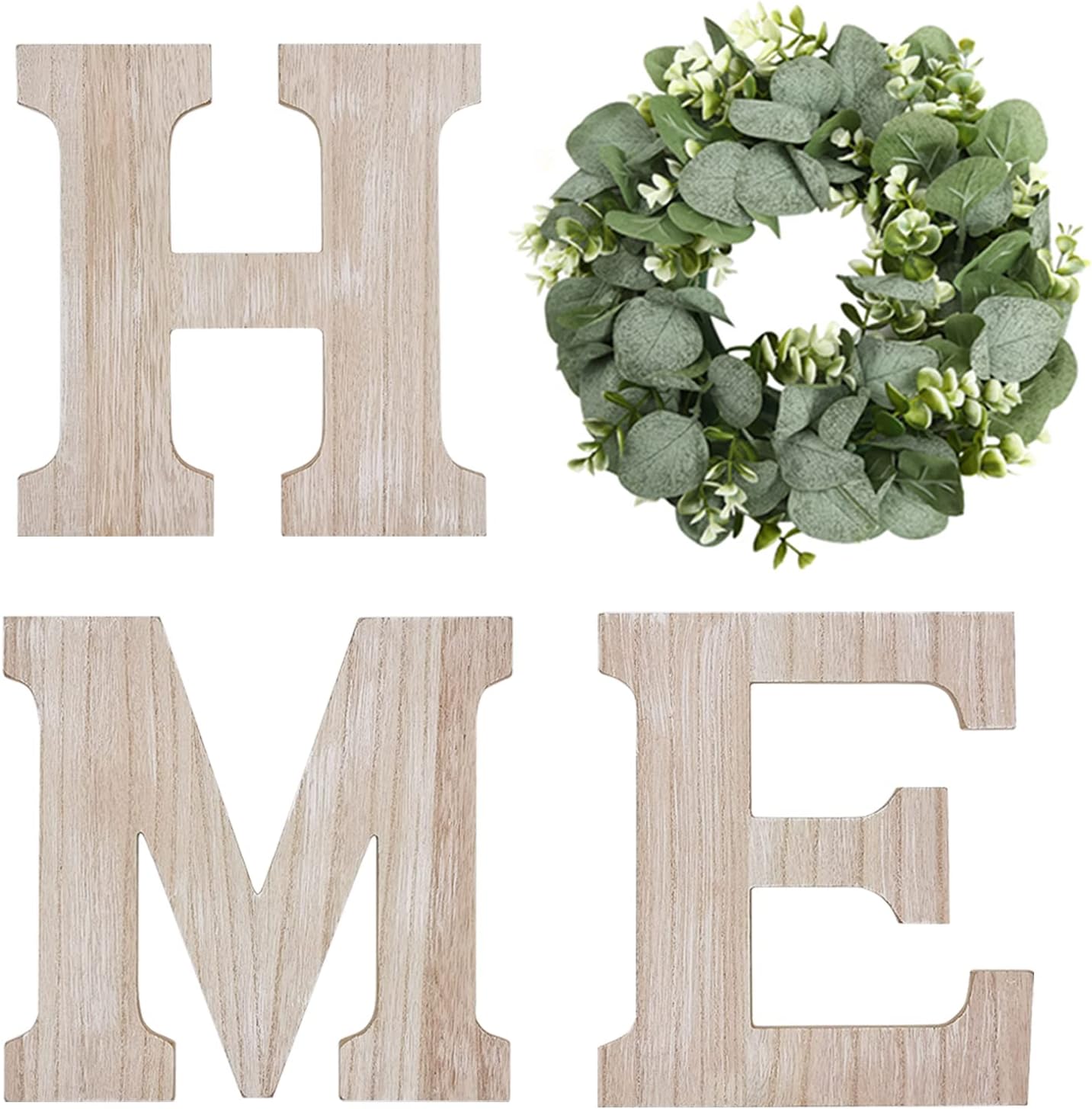 Pinkpum Wood Home Sign with Artificial Eucalyptus Wreath for O, Hanging Farmhouse Wall House Decor Wood Letters for Wall Art Rustic Home Decor, Wall Decor for Living Room Kitchen Entryway (Black)
