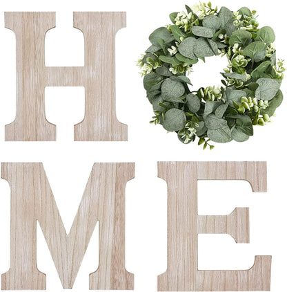 Pinkpum Wood Home Sign with Artificial Eucalyptus Wreath for O, Hanging Farmhouse Wall House Decor Wood Letters for Wall Art Rustic Home Decor, Wall Decor for Living Room Kitchen Entryway (Black)