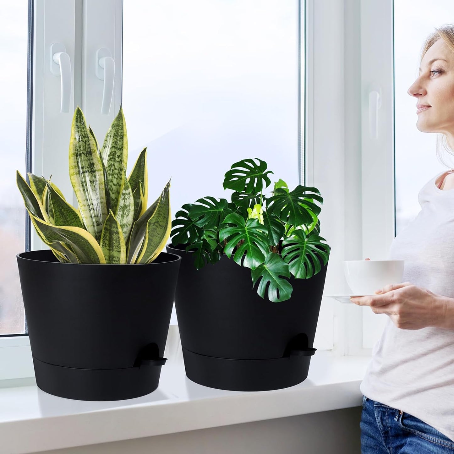 YNNICO Indoor Self Watering Planters with Drainage Holes and Saucers, 8, 7, 6.5, 6, 5.5, 5 Inches, Black, 6 Pots
