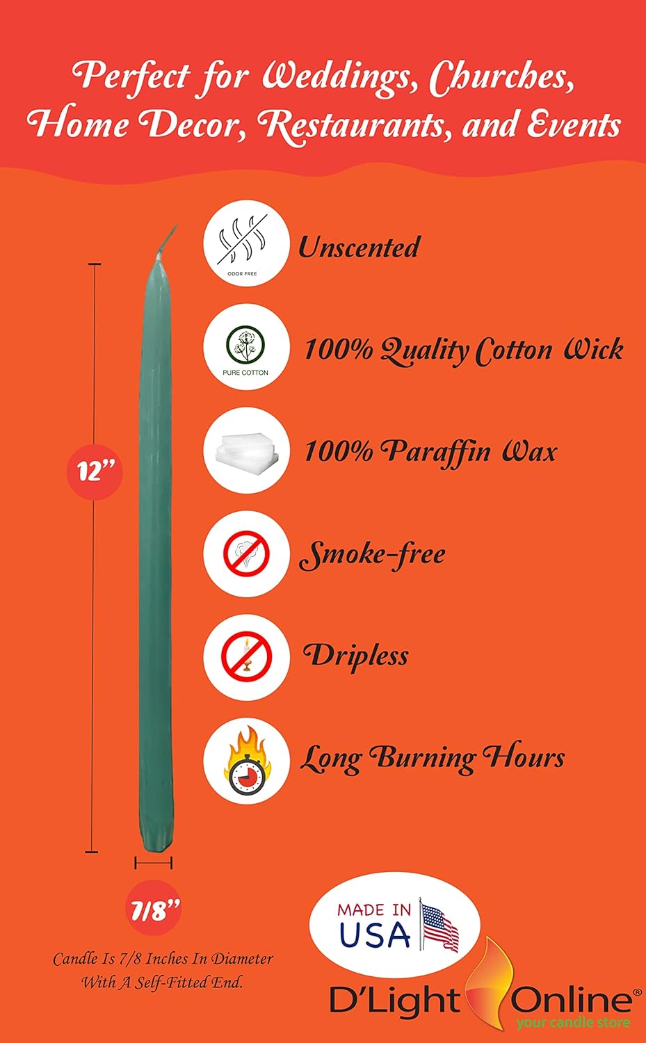 D'light Online White Taper Candles, 10 Inch Premium Quality Candles Hand-Dipped Tapered Candles, Dripless, Smokeless and Unwrapped Bulk Pack for Events - Set of 12 (10 Inch, White)