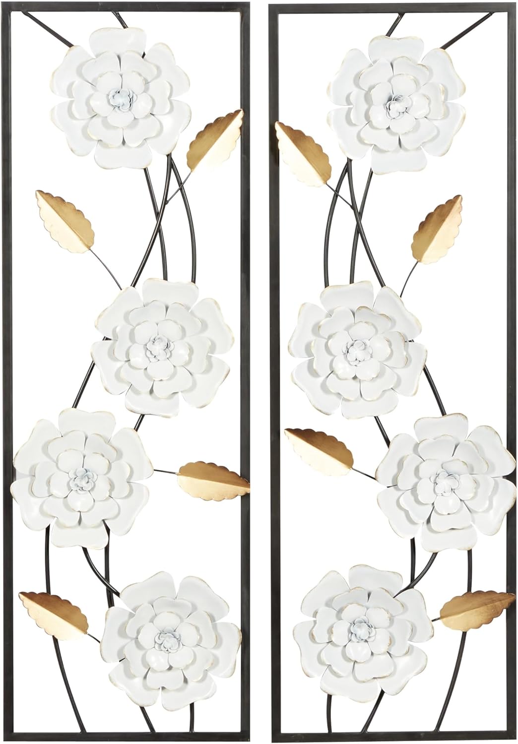 Deco 79 Metal Floral Home Wall Decor Dimensional Floating Wall Sculpture with Black and Gold Accents, Set of 2 Wall Art 12"W, 36"H, White & Gray