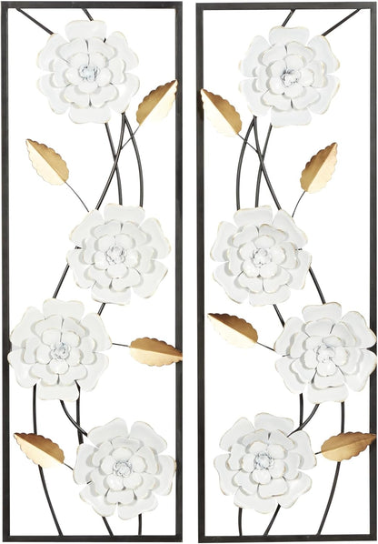 Deco 79 Metal Floral Home Wall Decor Dimensional Floating Wall Sculpture with Black and Gold Accents, Set of 2 Wall Art 12"W, 36"H, White & Gray