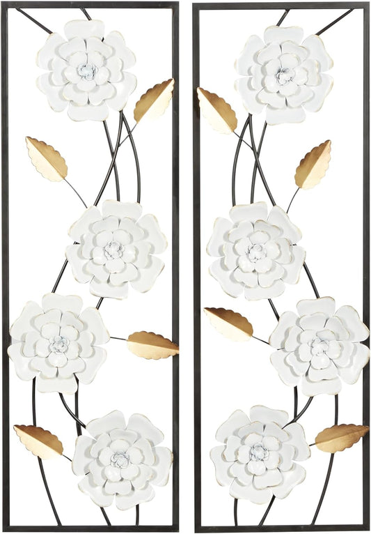 Deco 79 Metal Floral Home Wall Decor Dimensional Floating Wall Sculpture with Black and Gold Accents, Set of 2 Wall Art 12"W, 36"H, White & Gray