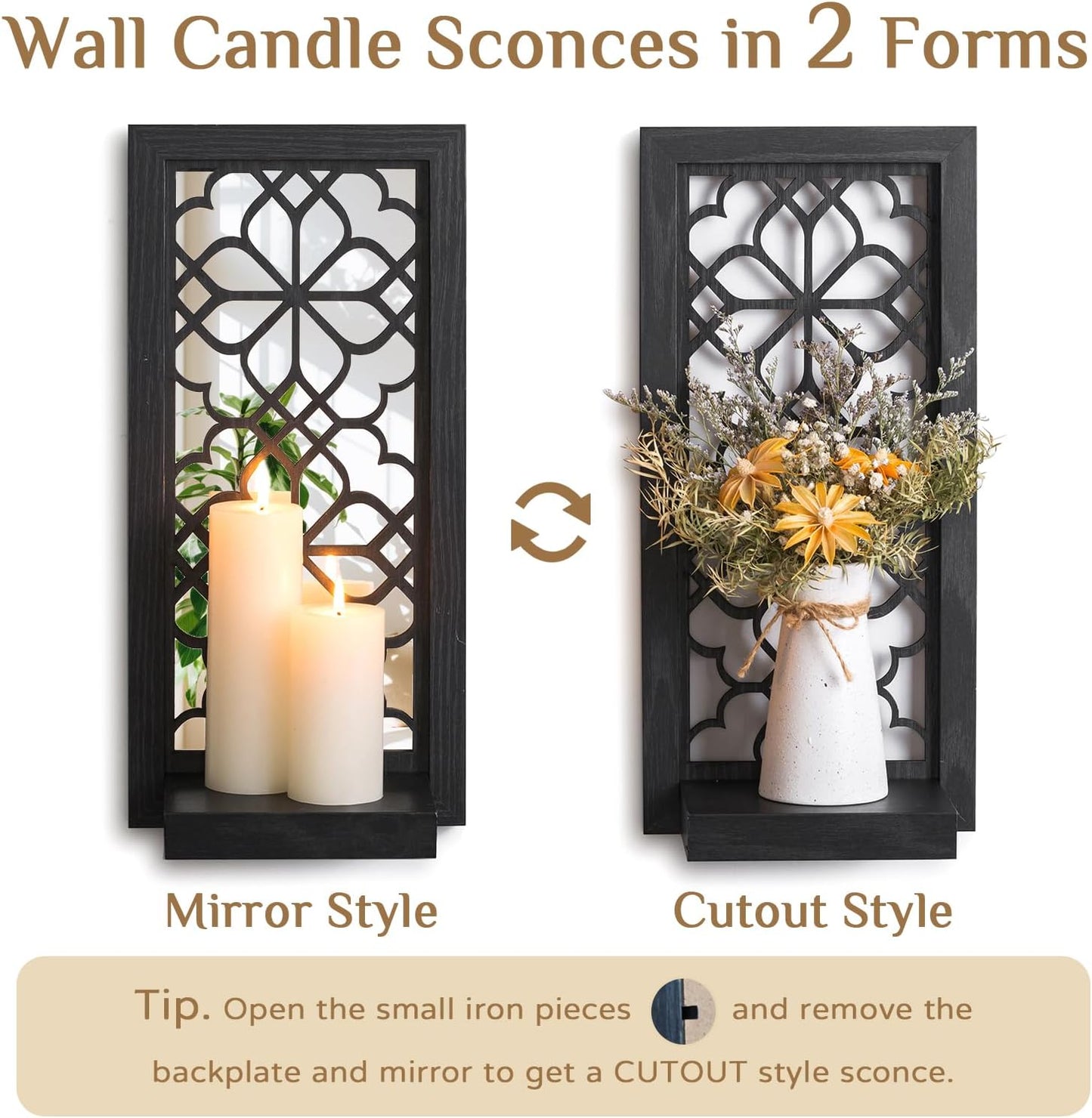 Farmhouse Wall Candle Holder Decor: Rustic Candle Sconces Set of Two for Pillar Candles - Brown Wooden Shelving for Fireplace Bathroom Hallway
