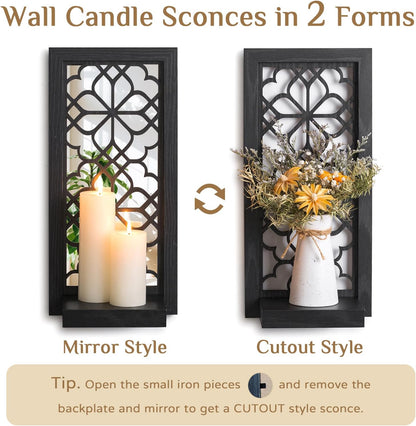 Farmhouse Wall Candle Holder Decor: Rustic Candle Sconces Set of Two for Pillar Candles - Brown Wooden Shelving for Fireplace Bathroom Hallway