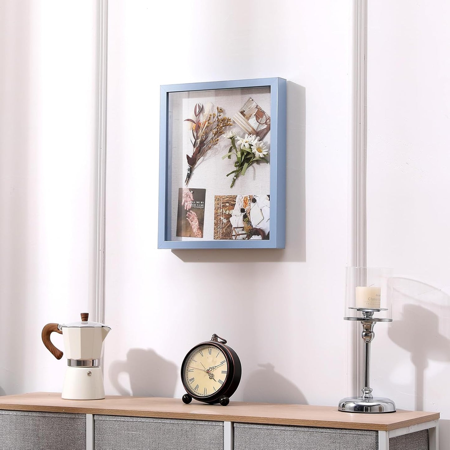 Muzilife 8x8 Shadow Box Picture Frame with Linen Board - Deep Wood & Glass Display Case Ready to Hang Memory Box Baby Sports Memorabilia, Pins, Awards, Medals, Wedding, Tickets and Photos (Black)