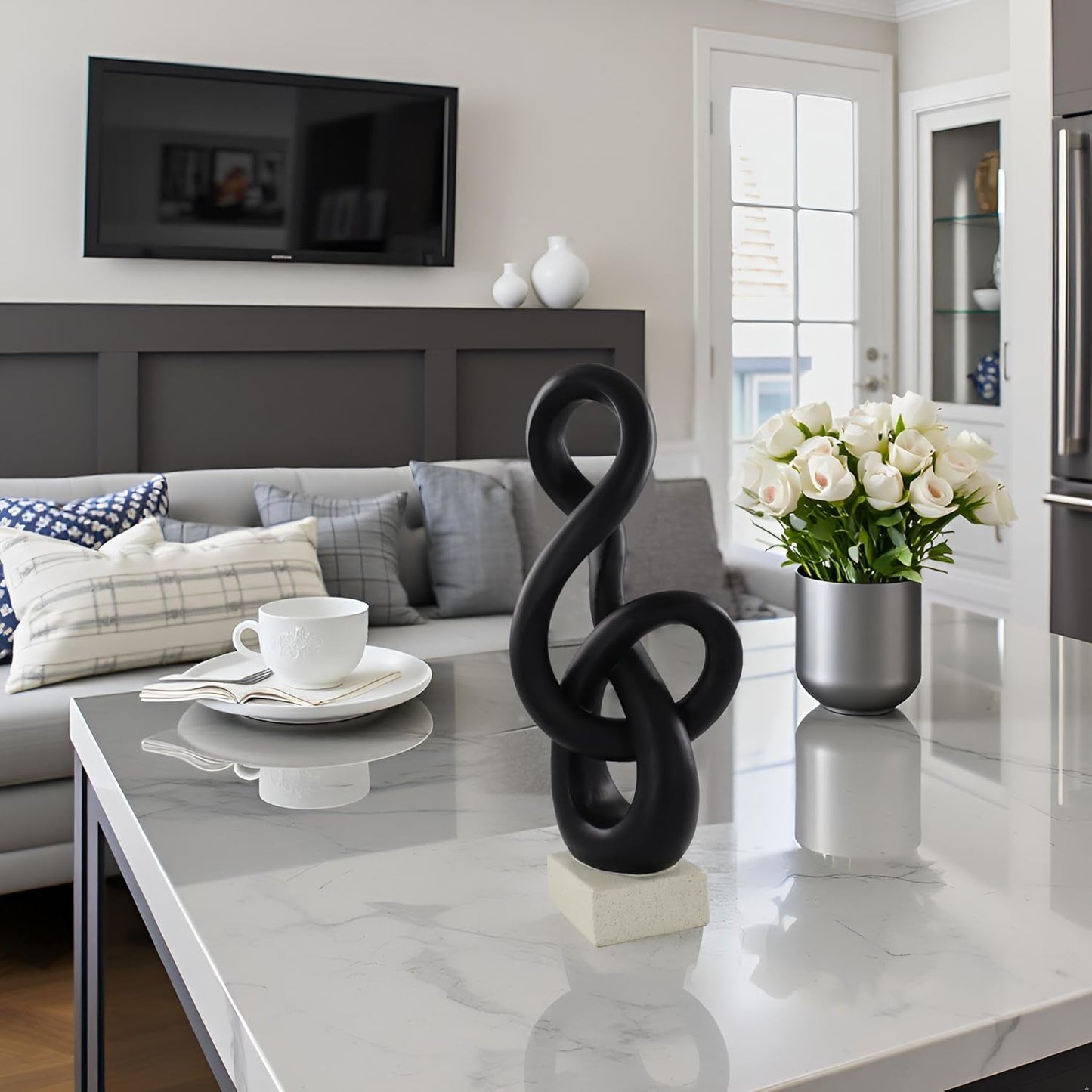 10" Modern Abstract Ribbon Decorative Sculpture, Knot Sculptures,Home Decor,Coffee Table Statues,Dining Living Room Desk Decor（White）