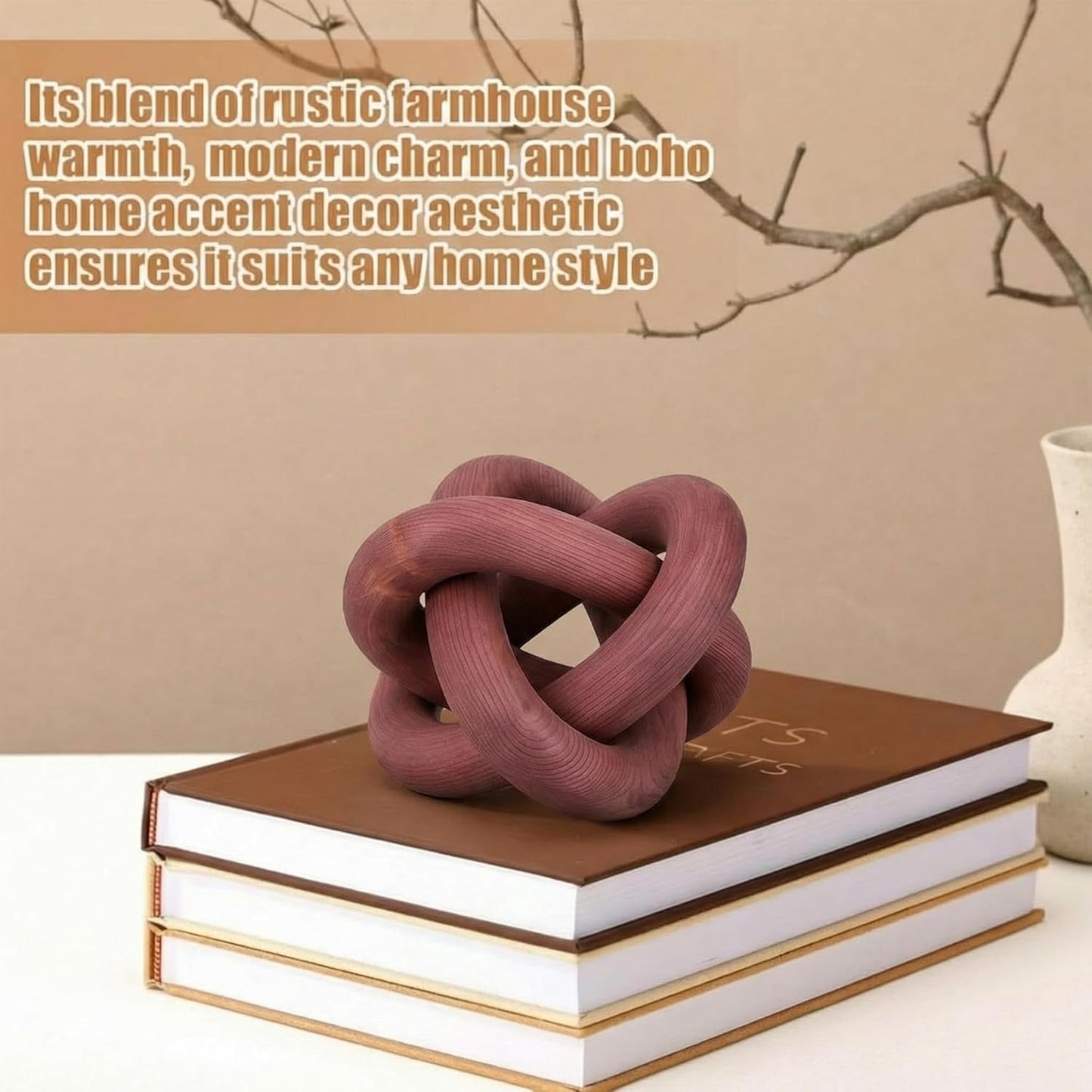 Yalikop 3 Link Wood Knot Decor Rustic Home Décor Accents Hand Carved Coffee Table Decoration, Boho Chain Link Decoration, Modern Shelf, Rustic Objects for Home Living Room Bedroom(White)