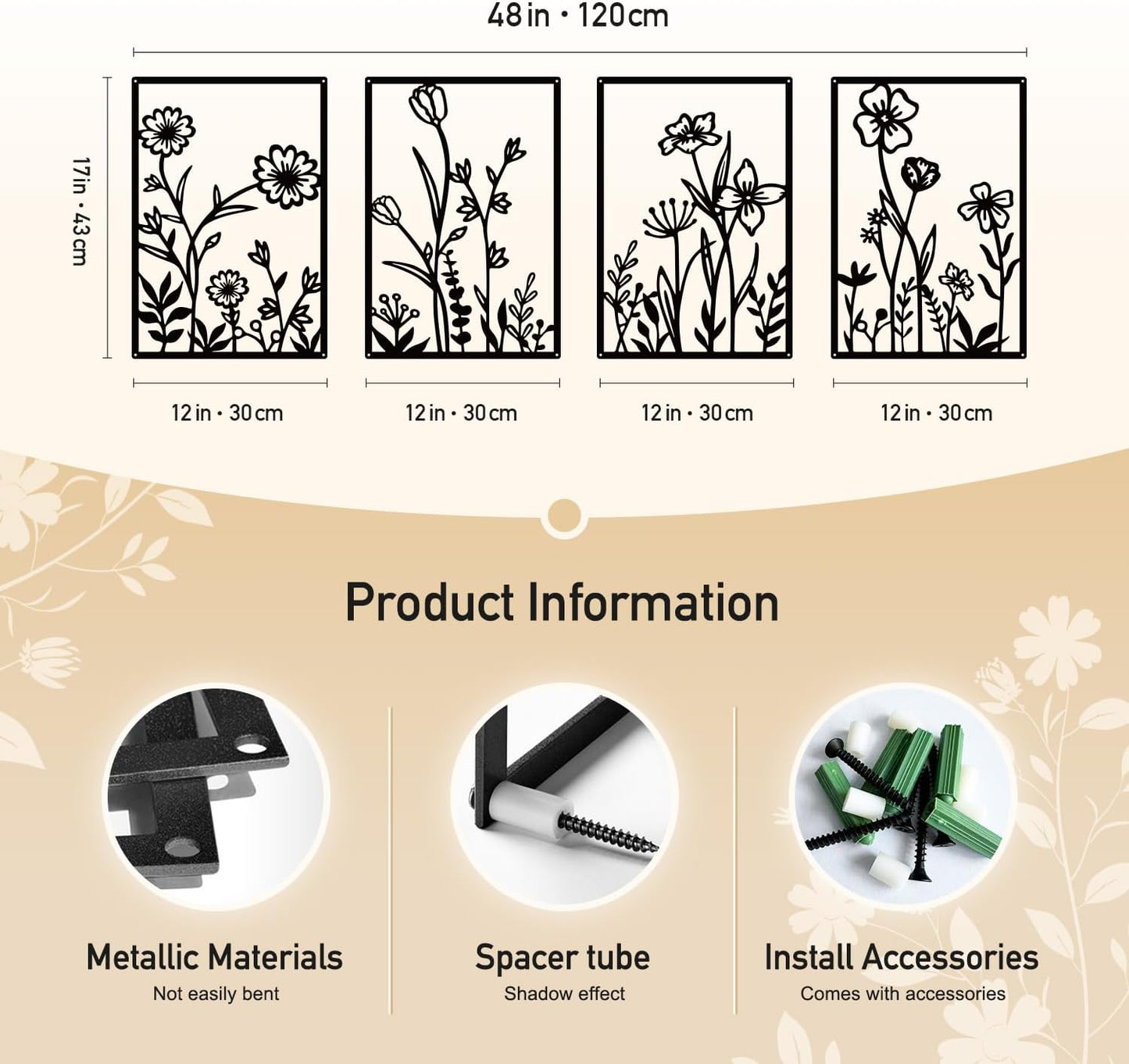Sokurdeg Black Metal Flowers Wall Decor, Minimalist Floral Wall Hanging Art, Black Abstract Line Wall Art Sculptures for Bedroom Bathroom Living Room (4 Pcs, 12 x 17 in)