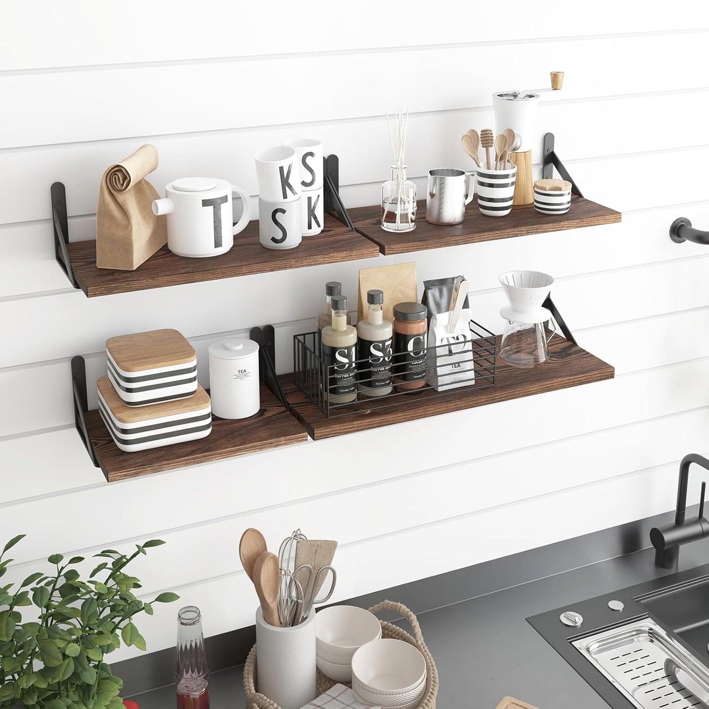 YGEOMER Floating Shelves for Wall, Different Sizes Dark Carbonized Brown Wall Shelves for Living Room, Bathroom, Bedroom, Kitchen, Home Decor (Set of 4)