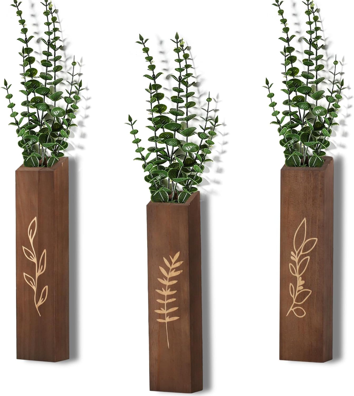 Wooden Wall Planter Set of 4 - Modern Home Decor for Living Room, Bedroom, Bathroom - Walnut Finish Planter for Dried Flowers, Faux Greenery, Indoor Plants