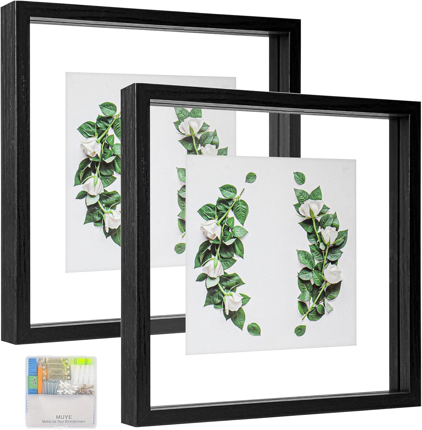MUYE 11x14 Floating Frame Set of 2,Double Glass Rustic Frame,Display Any Size Photo up to 11x14,Wall Mount or Tabletop Standing,Natural
