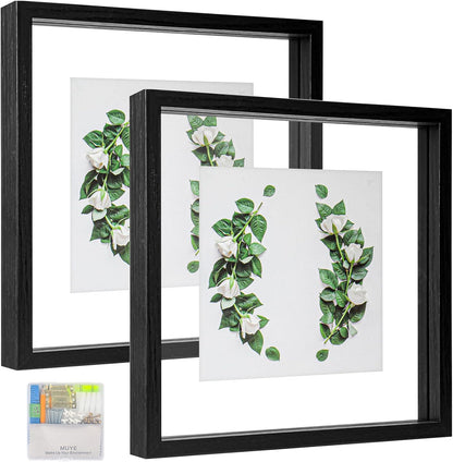 MUYE 11x14 Floating Frame Set of 2,Double Glass Rustic Frame,Display Any Size Photo up to 11x14,Wall Mount or Tabletop Standing,Natural