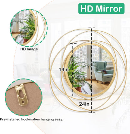 Gold Sunburst Mirrors for Wall Decorative Metal Round Art Mirrors Large Wall Decor Hanging Mirror for Bathroom Bedroom Living Room Vanity Entryway 16"