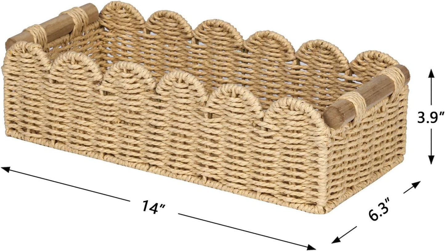 CubesLand Paper Rope Scalloped Edge Toilet Paper Storage Basket, Small Living Room, Bedroom Decor Baskets for Over Toilet Storage Shelf, End Table, Shelves and More, with 2 Wooden Handle, Neutral