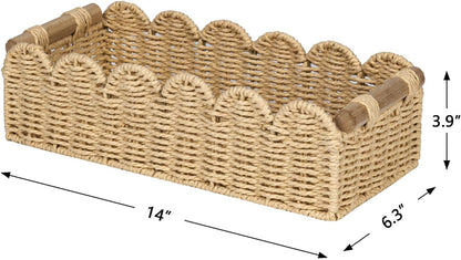 CubesLand Paper Rope Scalloped Edge Toilet Paper Storage Basket, Small Living Room, Bedroom Decor Baskets for Over Toilet Storage Shelf, End Table, Shelves and More, with 2 Wooden Handle, Neutral