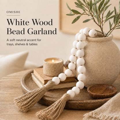 OMISHE Extra Large Wood Bead Garland with 1.6" Diameter Wooden Beads and Tassels, 41" Long Rustic Farmhouse Country Decorative Beads for Home Tiered Tray Decor, Natural Beige