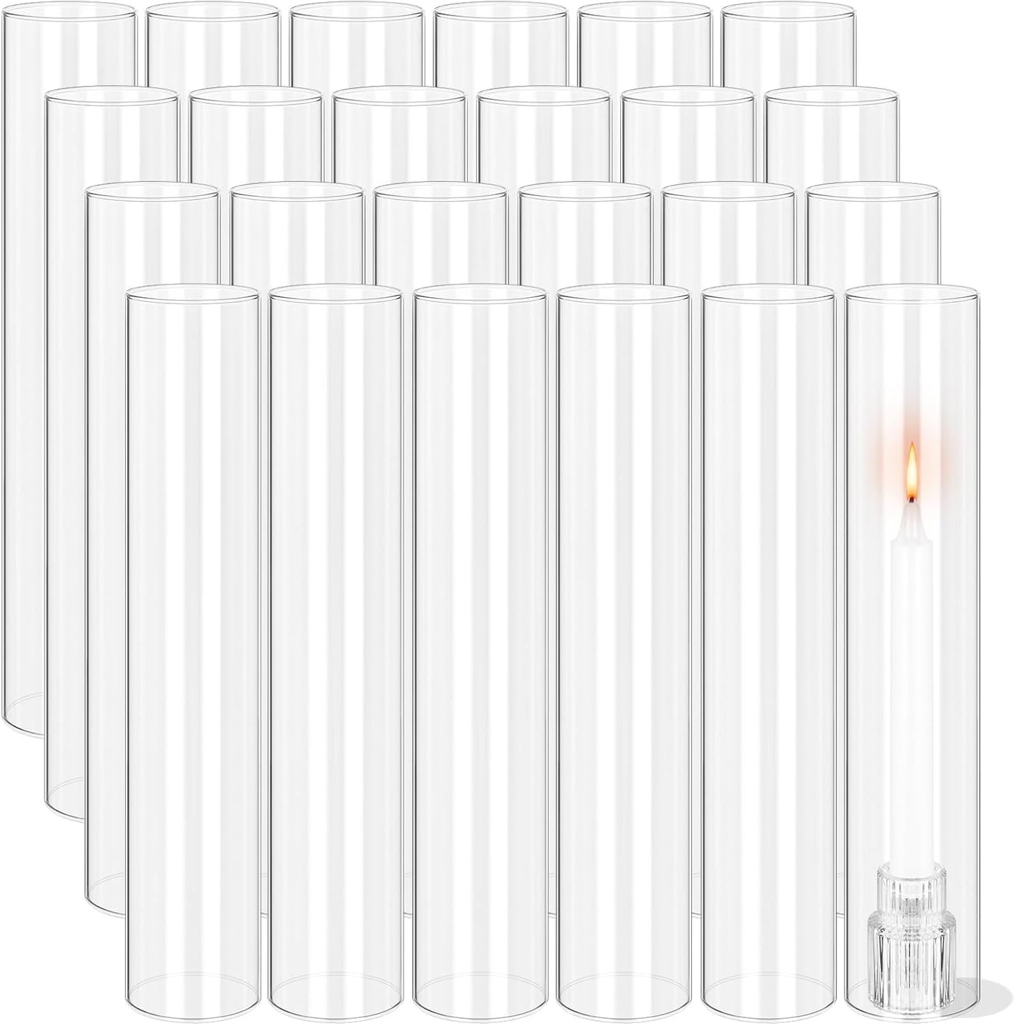 24 PCS Hurricane Candle Holder, 2.5" W x 14" H Open Ended Glass Candle Cylinder Sleeve, Clear Glass Cylinder Candle Holder, Open Flame Candle Chimney Tube Cover, Bottomless Cylindrical Glass