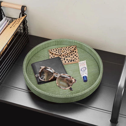 HofferRuffer Round Serving Tray 20'', Elegant Faux Leather Circle Ottoman Table Tray, Serve Tea Coffee Breakfast in Bedroom Living Room Kitchen (Brown)