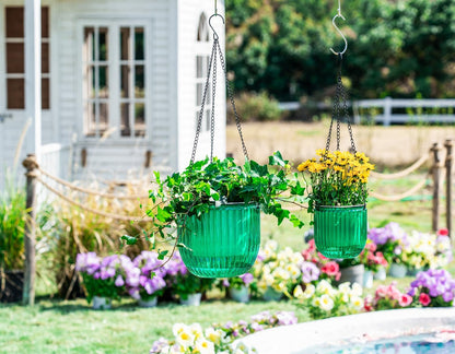 Melphoe 2 Pack Self Watering Hanging Planters Indoor Flower Pots, 6.5 Inch Outdoor Hanging Basket, Plant Hanger with 3Hooks Drainage Holes for Garden Home (Emerald)