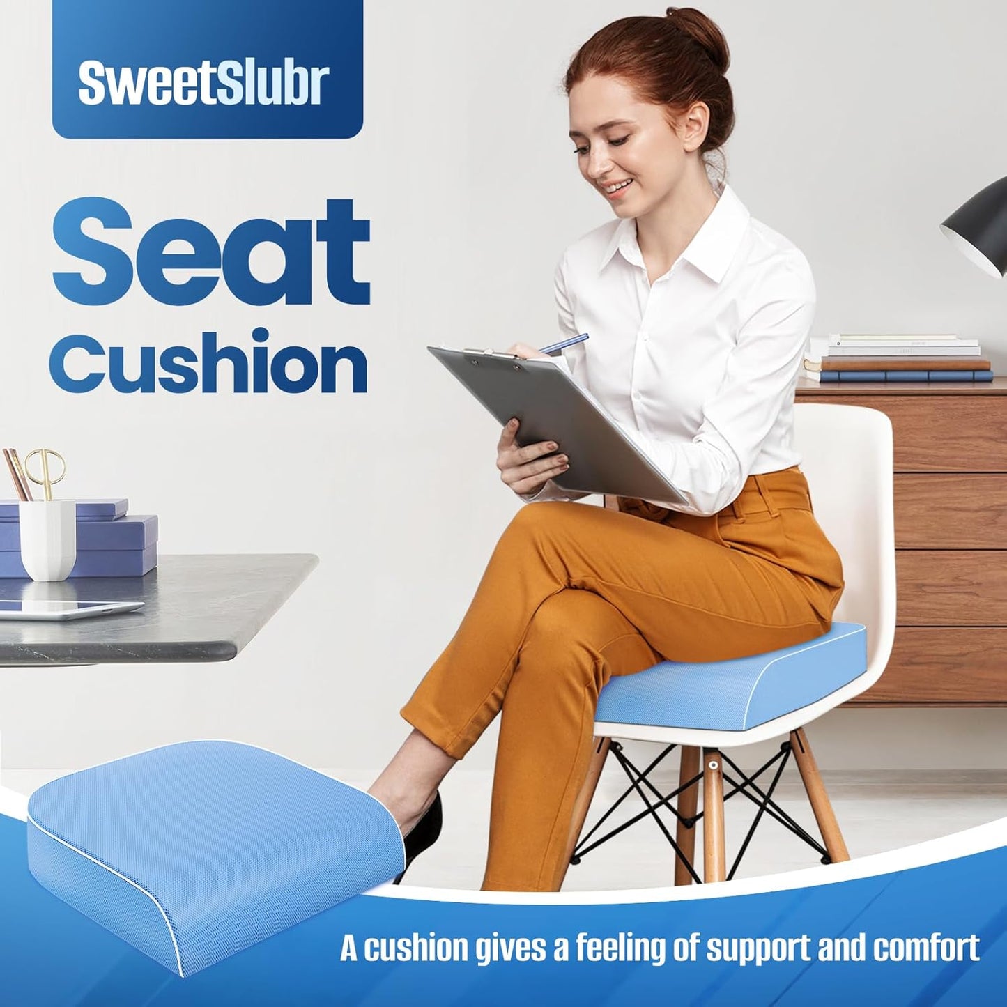 SweetSlubr Seat Cushion for Tailbone Pain Relief, Office Chair Cushion, Memory Foam Large Cushion with Non-Slip Cover for Soft Support at Office Chair, Car Seat, Airplane, Floor Pillow, Black/Large
