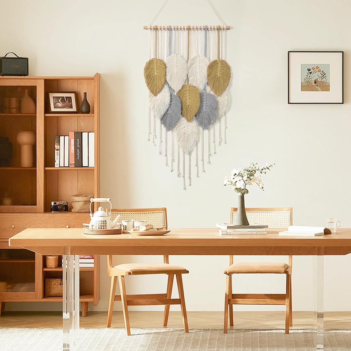 LOMOHOO Macrame Wall Hanging Boho Beige Leaves Tapestry Bohemian Handmade Woven Wall Art Decoration for Bedroom Living Room Apartment Dorm Gallery Perfect Handmade Gift Ideas