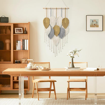 LOMOHOO Macrame Wall Hanging Boho Beige Leaves Tapestry Bohemian Handmade Woven Wall Art Decoration for Bedroom Living Room Apartment Dorm Gallery Perfect Handmade Gift Ideas