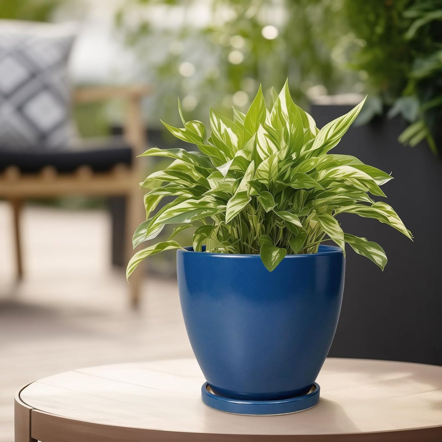 10 Inch Ceramic Planter Pot Round Plant Pot for Indoor Plants Outdoor Large Flower Pot with Drainage Hole and Saucer Blue