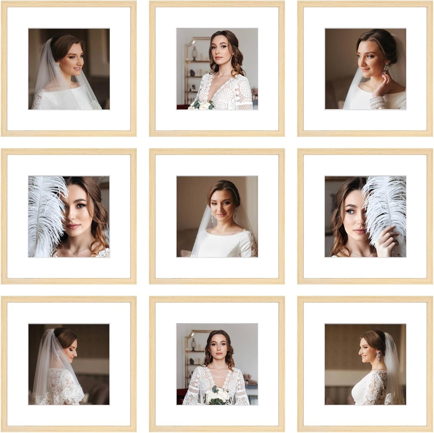 12x12 Picture Frame Set of 9, Display Pictures 8x8 with Mat or 12x12 without Mat, Multi Collage Gallery Square Photo Frames for Wall or Tabletop, Black