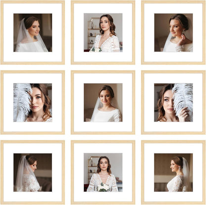 12x12 Picture Frame Set of 9, Display Pictures 8x8 with Mat or 12x12 without Mat, Multi Collage Gallery Square Photo Frames for Wall or Tabletop, Black